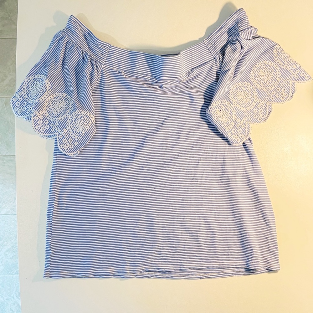 Off-Shoulder Striped Eyelet Ann Taylor LOFT Top